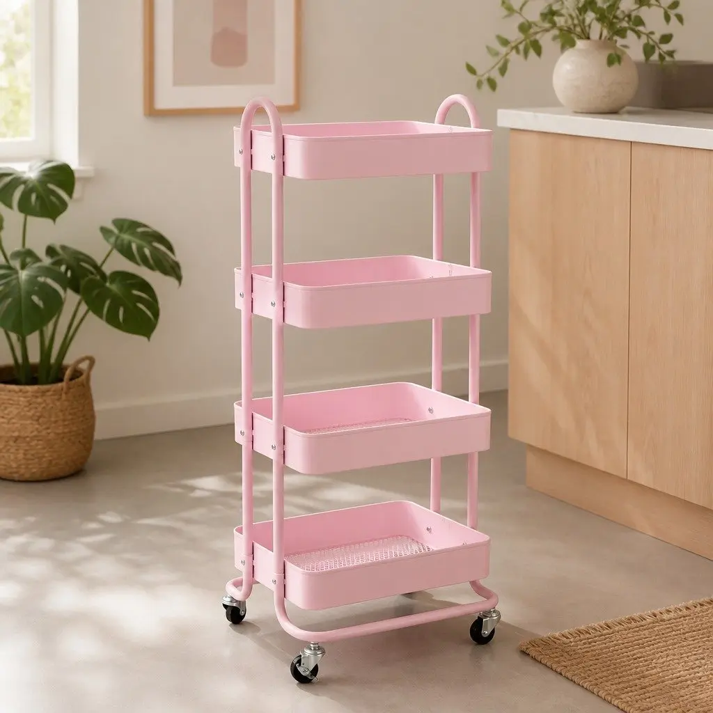 Pink 4-Tier Kitchen Storage Trolley with Wheels