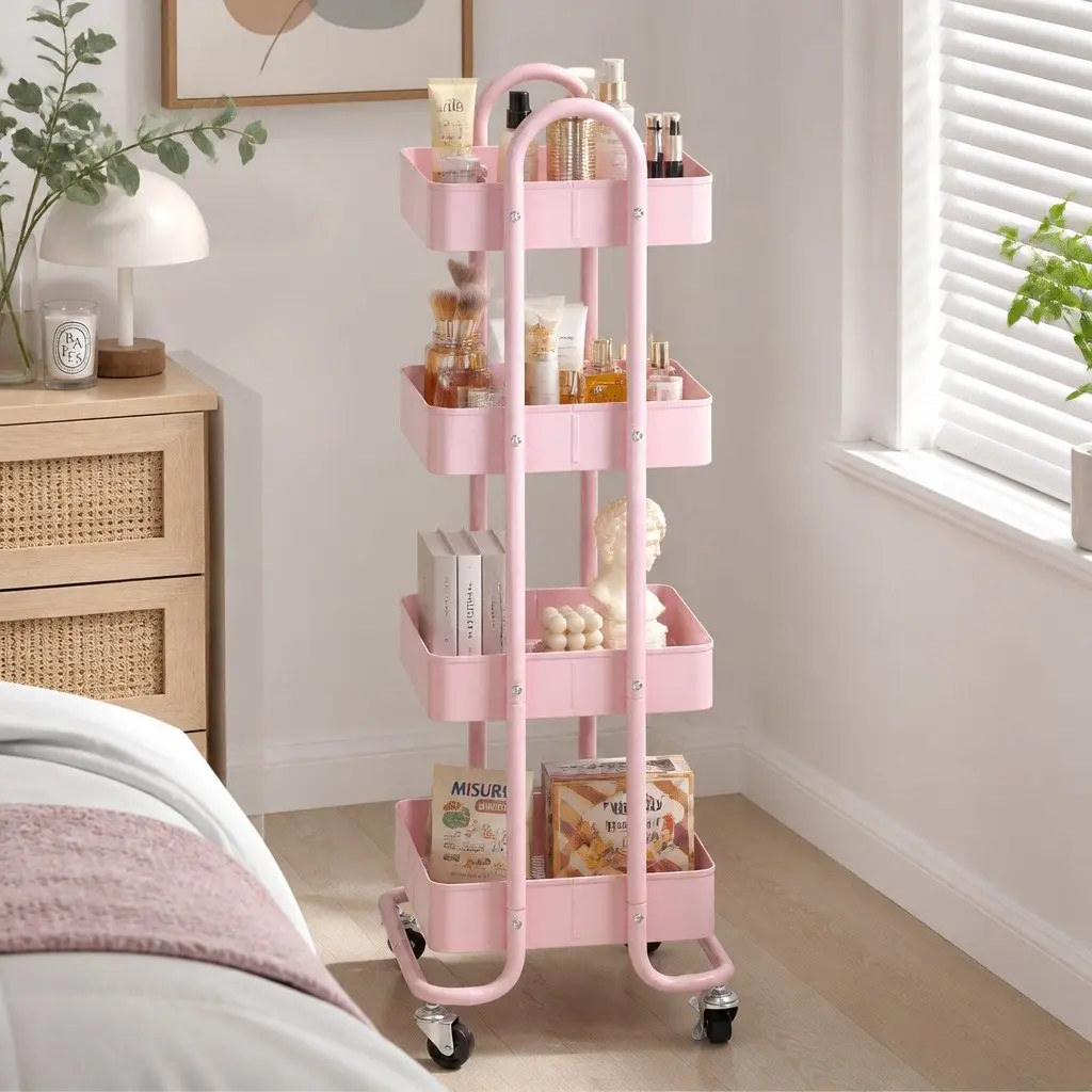 Pink 4-Tier Kitchen Storage Trolley with Wheels
