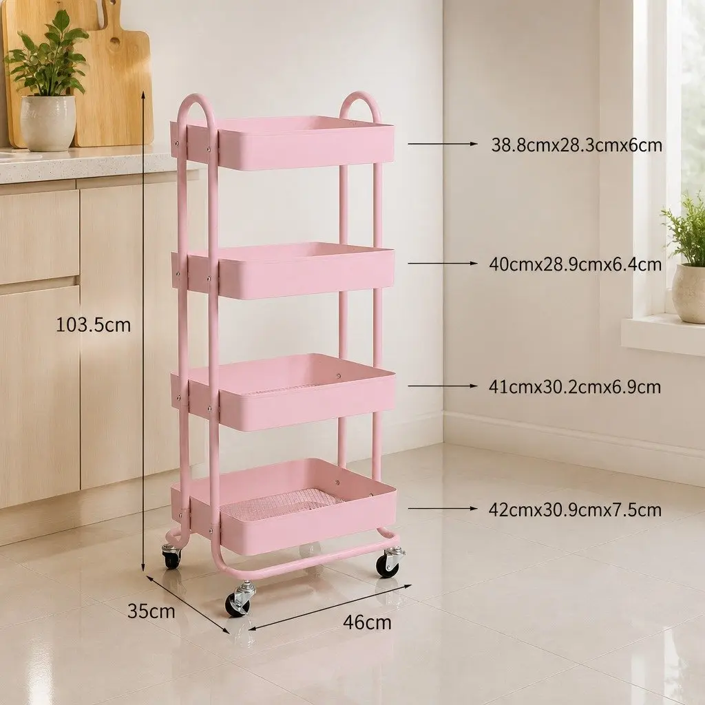Pink 4-Tier Kitchen Storage Trolley with Wheels