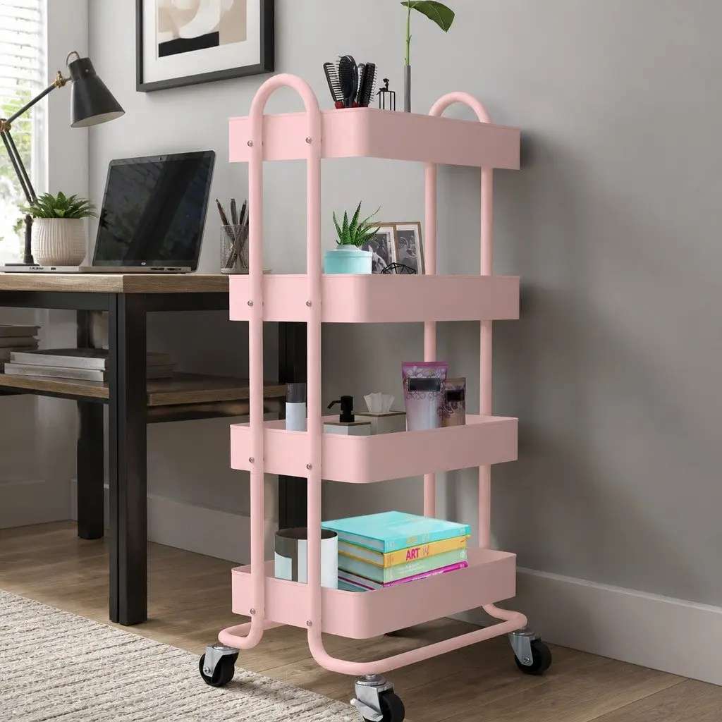 Pink 4-Tier Kitchen Storage Trolley with Wheels