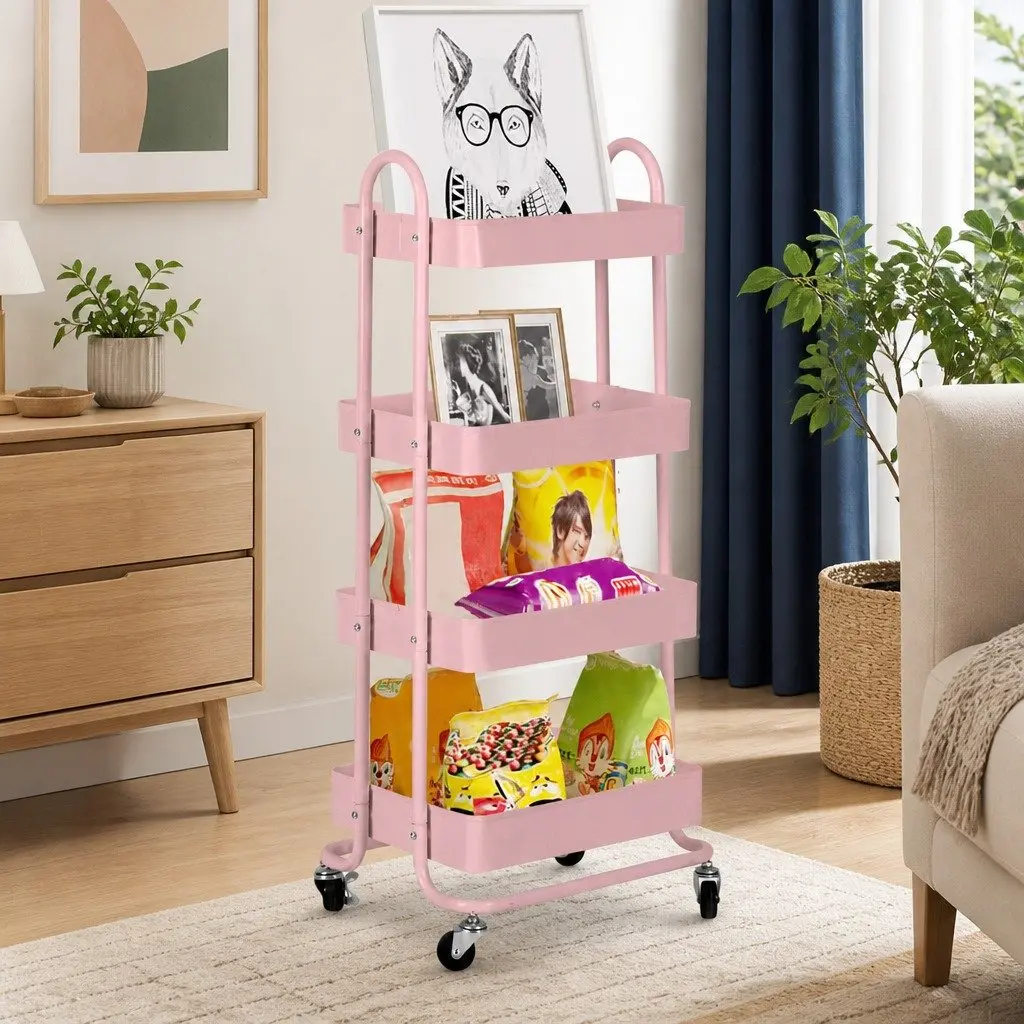 Pink 4-Tier Kitchen Storage Trolley with Wheels
