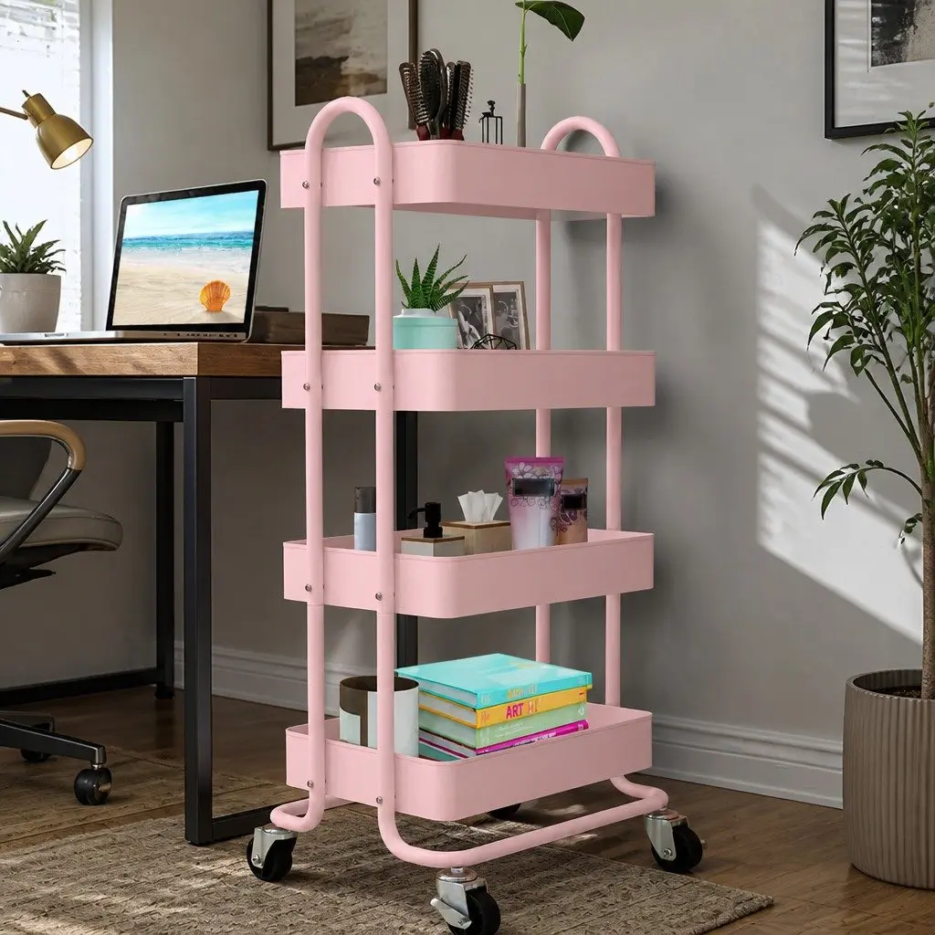 Pink 4-Tier Kitchen Storage Trolley with Wheels