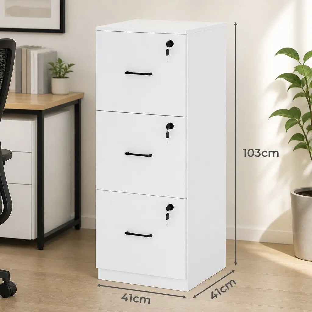 File Cabinet MDF 3 Drawer Lockable Storage Organizer White Modern