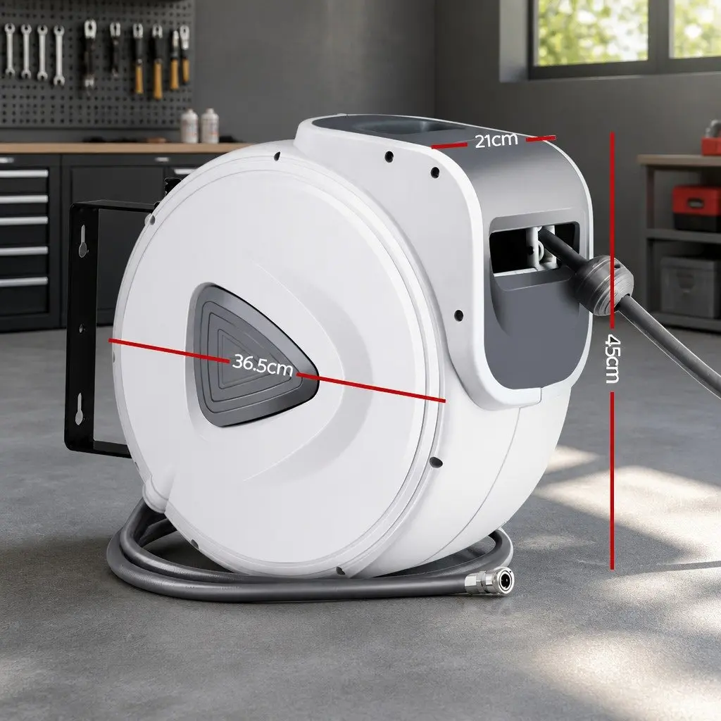 Air Hose Reel PVC 10m Grey White Retractable Auto Rewind Wall Mount Swivel