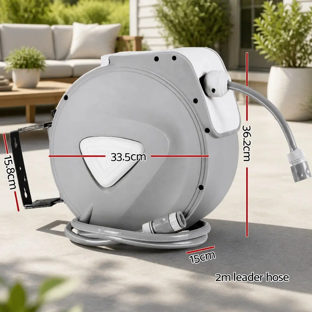 Water Hose Reel PVC 20M Grey Retractable Auto Rewind Wall Mount with Spray Gun