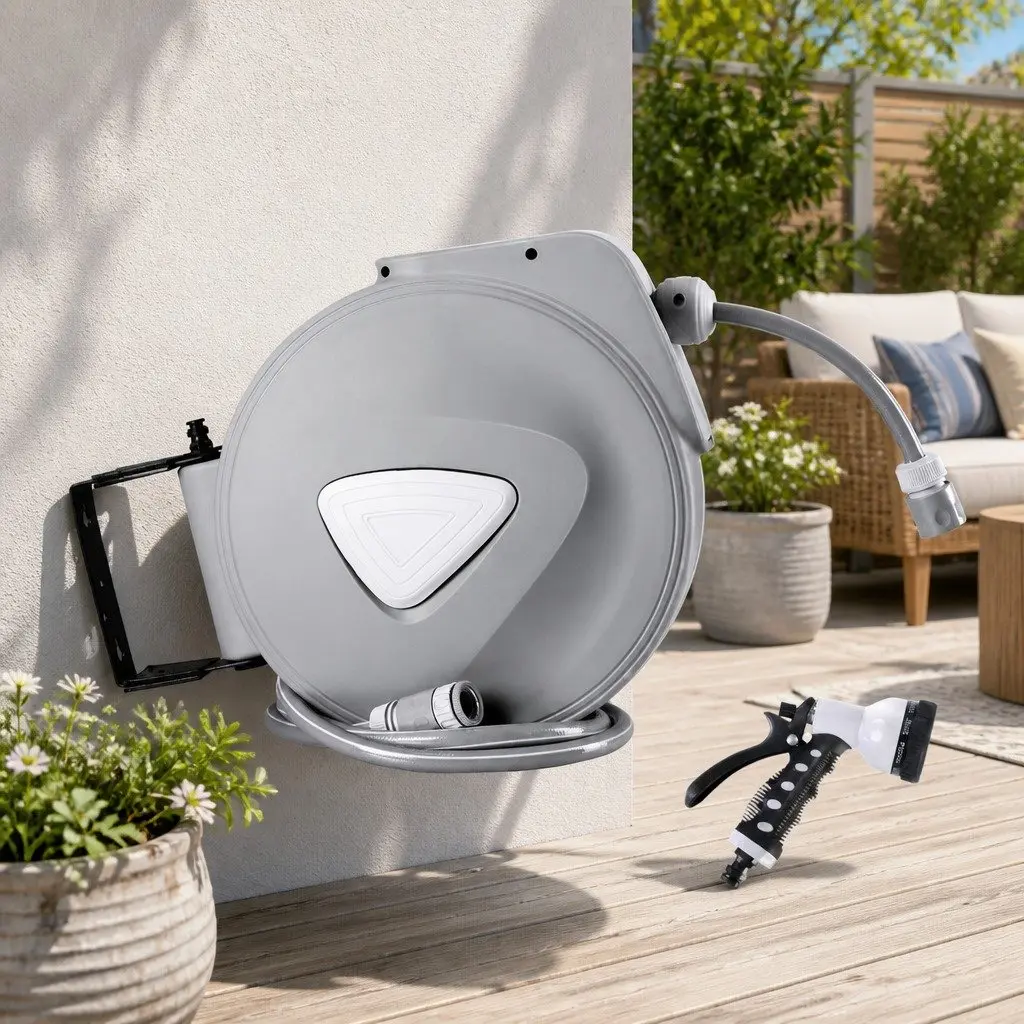 Water Hose Reel PVC 20M Grey Retractable Auto Rewind Wall Mount with Spray Gun