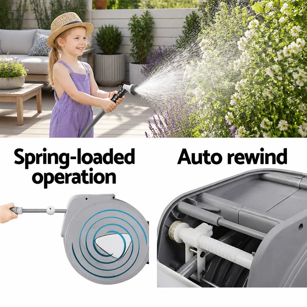Water Hose Reel PVC 20M Grey Retractable Auto Rewind Wall Mount with Spray Gun