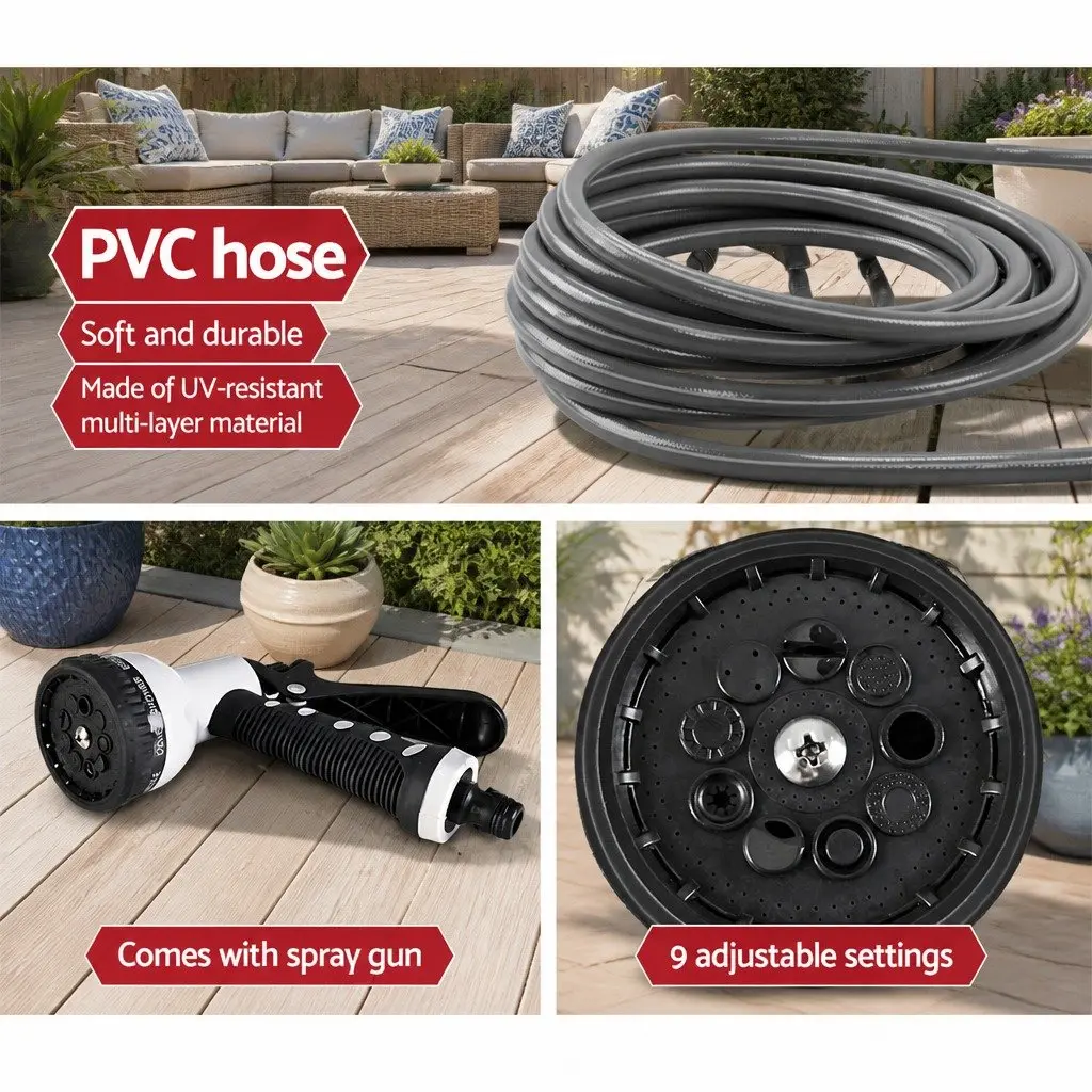 Water Hose Reel PVC 20M Grey Retractable Auto Rewind Wall Mount with Spray Gun