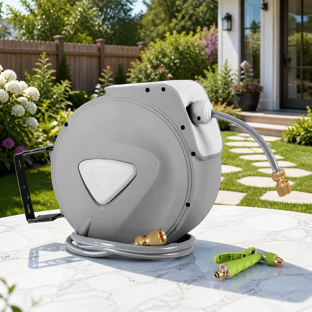 Water Hose Reel PVC 30M Retractable Wall Mount Grey