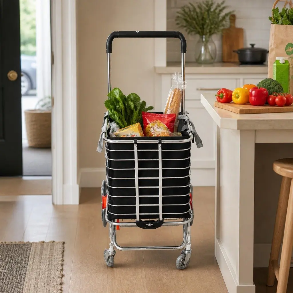Foldable Shopping Cart Trolley Stainless Steel Aluminium Oxford Cloth 60cm L x 37cm W x 98cm H Black and Silver