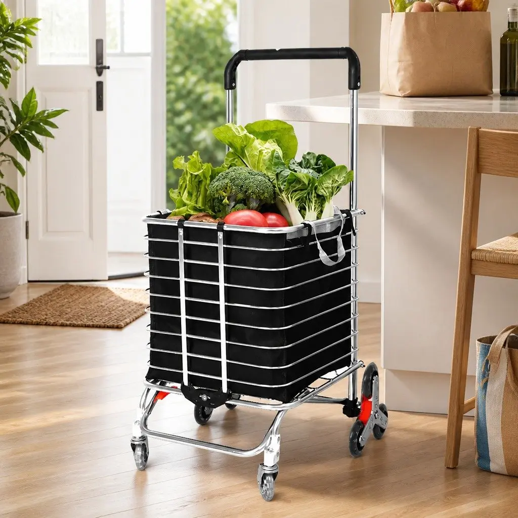 Foldable Shopping Cart Trolley Stainless Steel Aluminium Oxford Cloth 60cm L x 37cm W x 98cm H Black and Silver