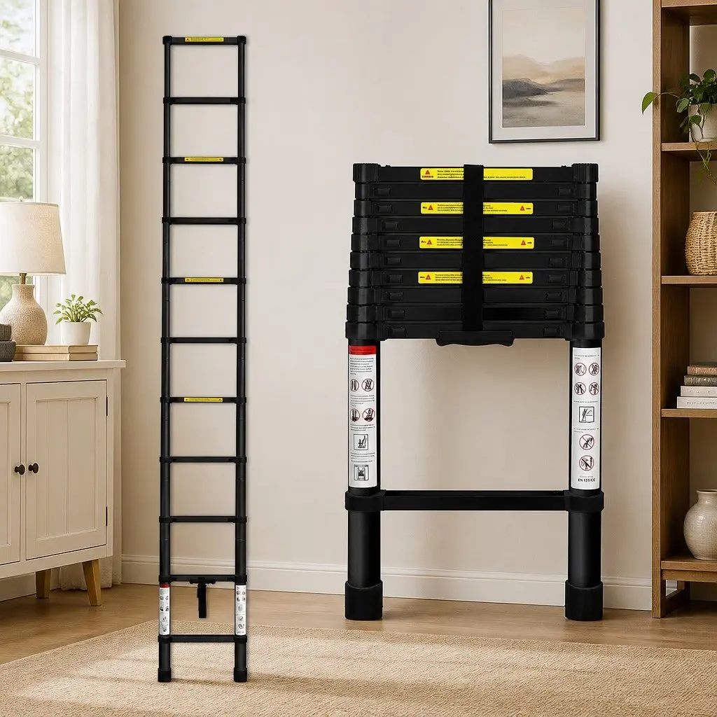 Telescopic Ladder Aluminium 3.2M Black Extendable Portable Multi-Purpose