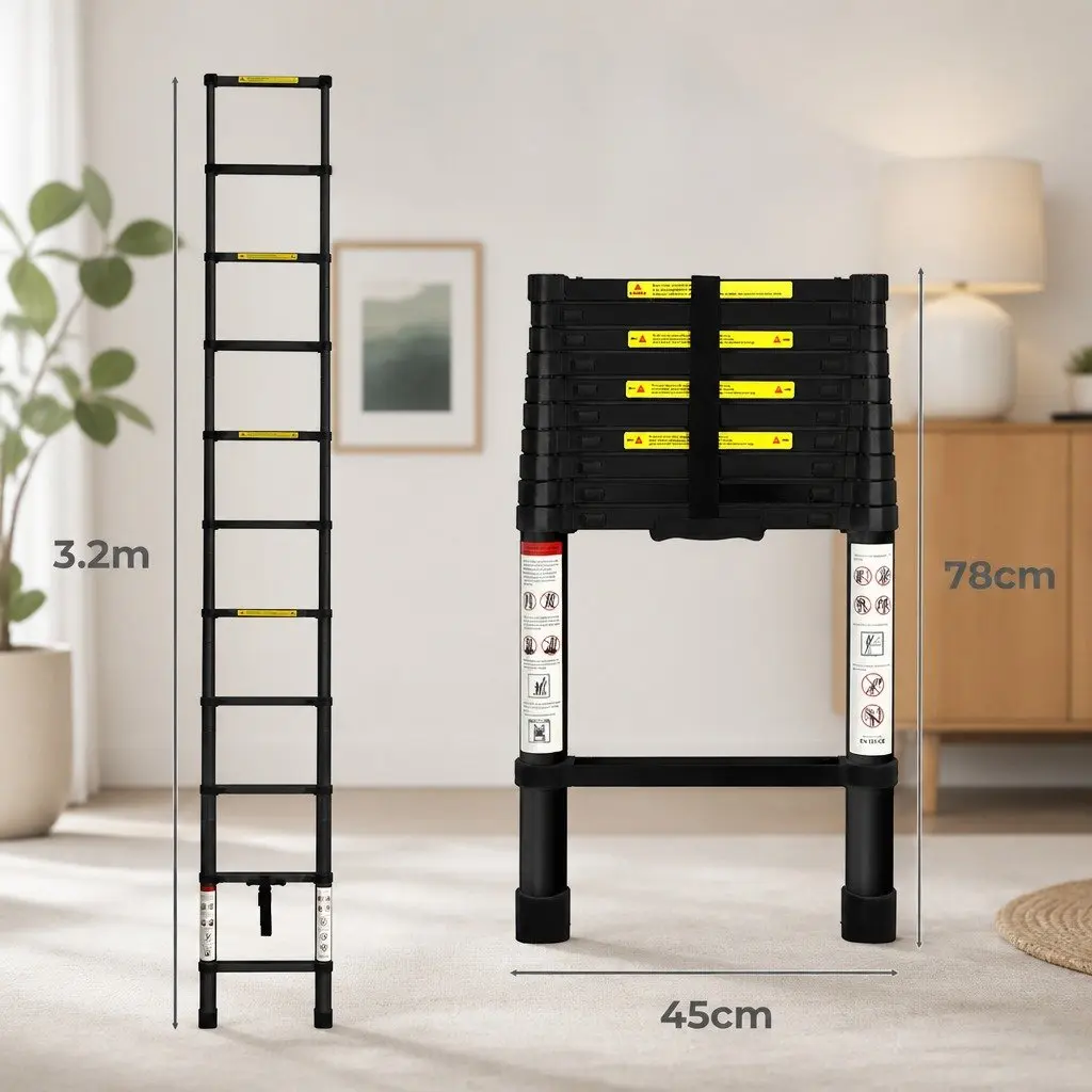 Telescopic Ladder Aluminium 3.2M Black Extendable Portable Multi-Purpose