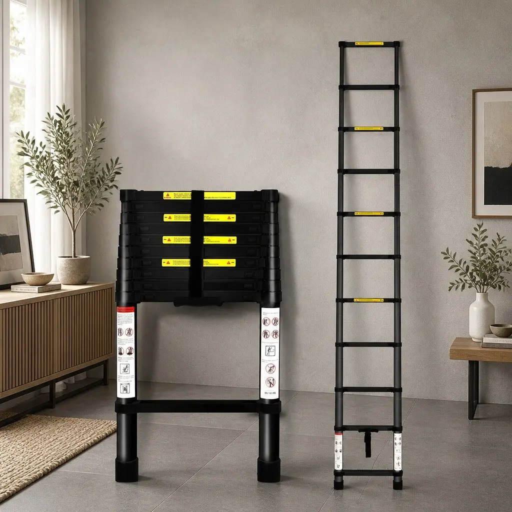 Telescopic Ladder Aluminium 3.2M Black Extendable Portable Multi-Purpose