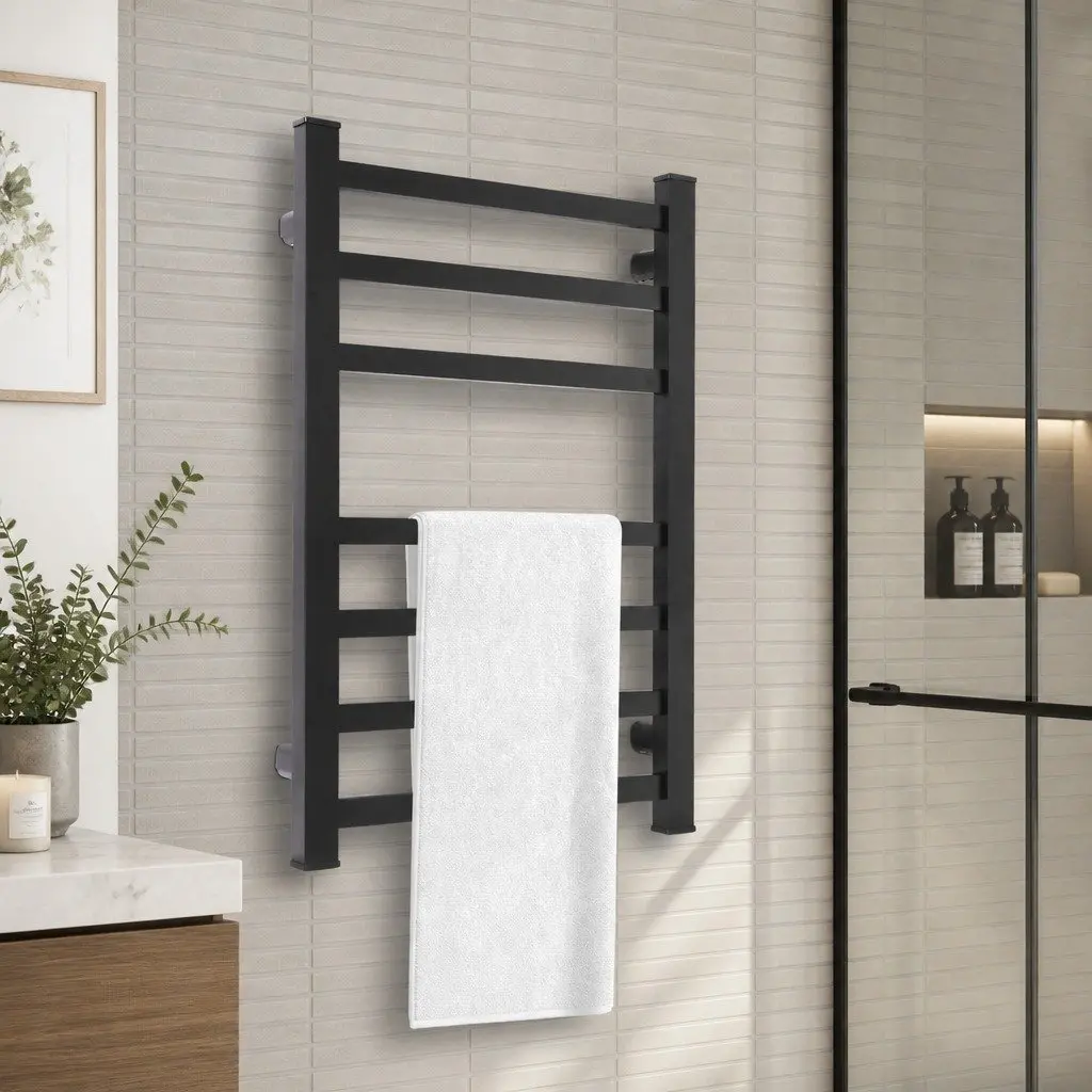 Heated Towel Rail Warmer Aluminium 80cm x 52cm Matte Black 7 Bar Wall Mounted Electric Rack