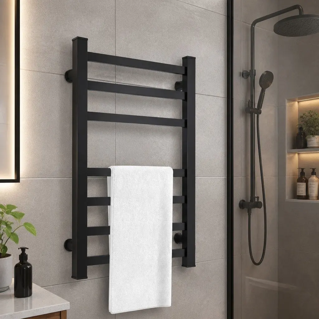 Heated Towel Rail Warmer Aluminium 80cm x 52cm Matte Black 7 Bar Wall Mounted Electric Rack