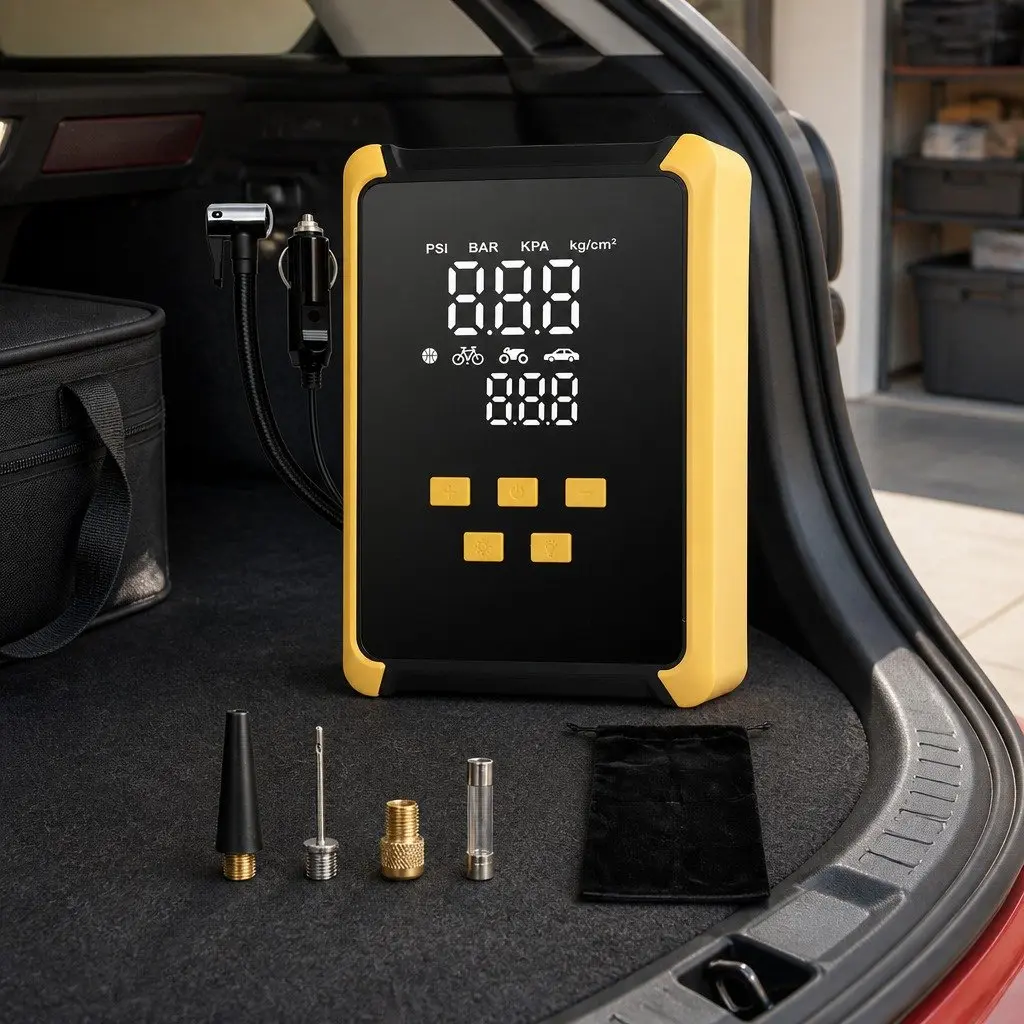 12V Portable Tire Inflator Metal ABS 12x6x17.5cm Yellow and Black