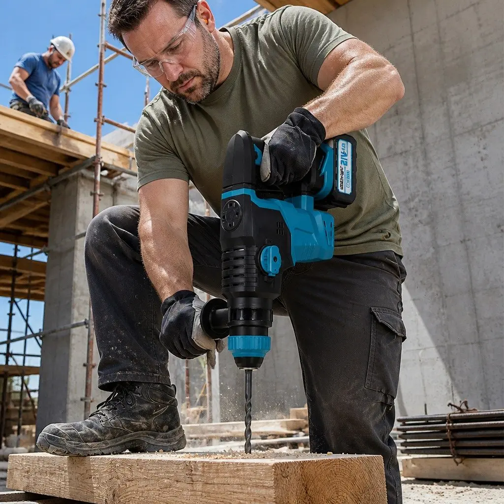 21V Cordless Rotary Hammer Drill Tool Set SDS-Plus Chuck 4-in-1 Modes Brushless
