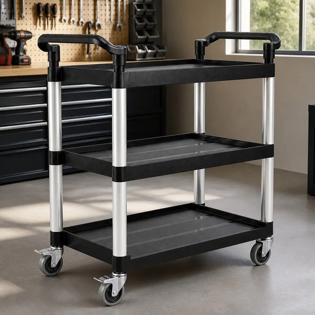 Tool Trolley Cart Plastic 3 Tier Black Rolling Storage Organiser