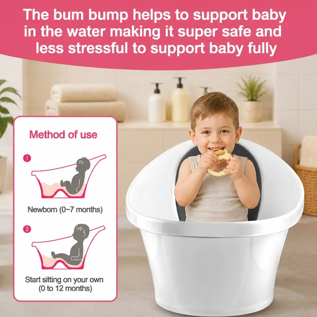 Baby Bath Tub with Backrest Bum Bump Support Newborn 12 Months Sink Basin