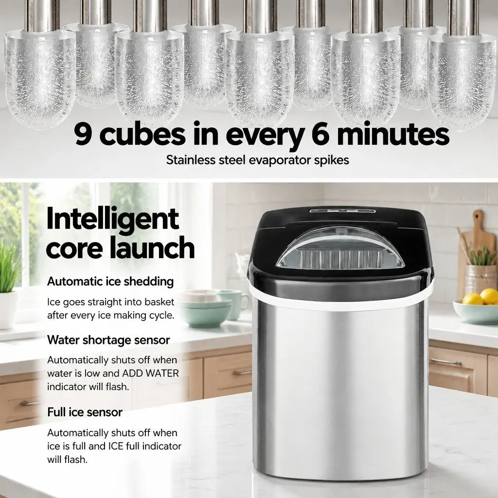Ice Maker Stainless Steel 2.4L Water Tank Silver Countertop Quick Freezing