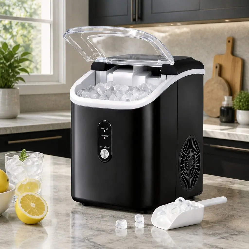 Nugget Ice Maker Machine 15kg Daily Capacity Countertop Portable Black