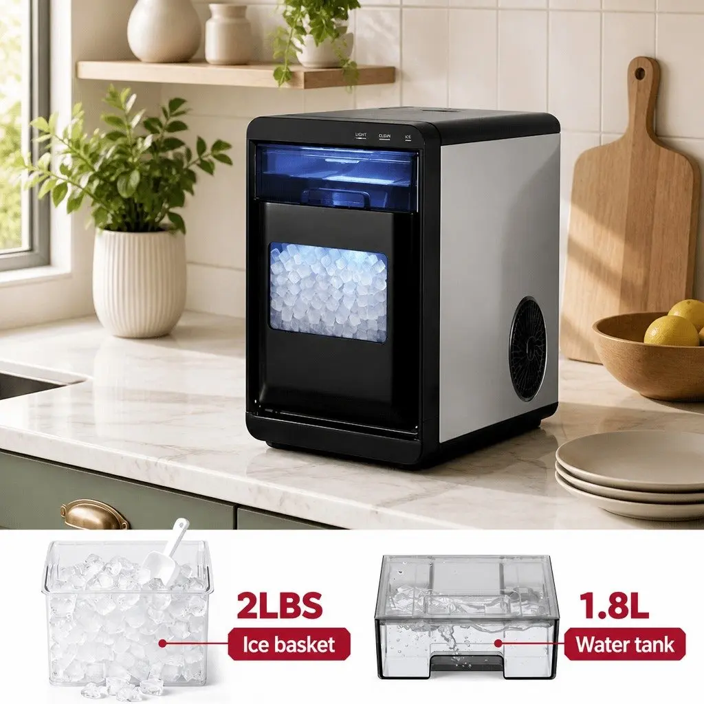 Ice Maker Machine 20kg Nugget Countertop Quick Chill Self Cleaning Black