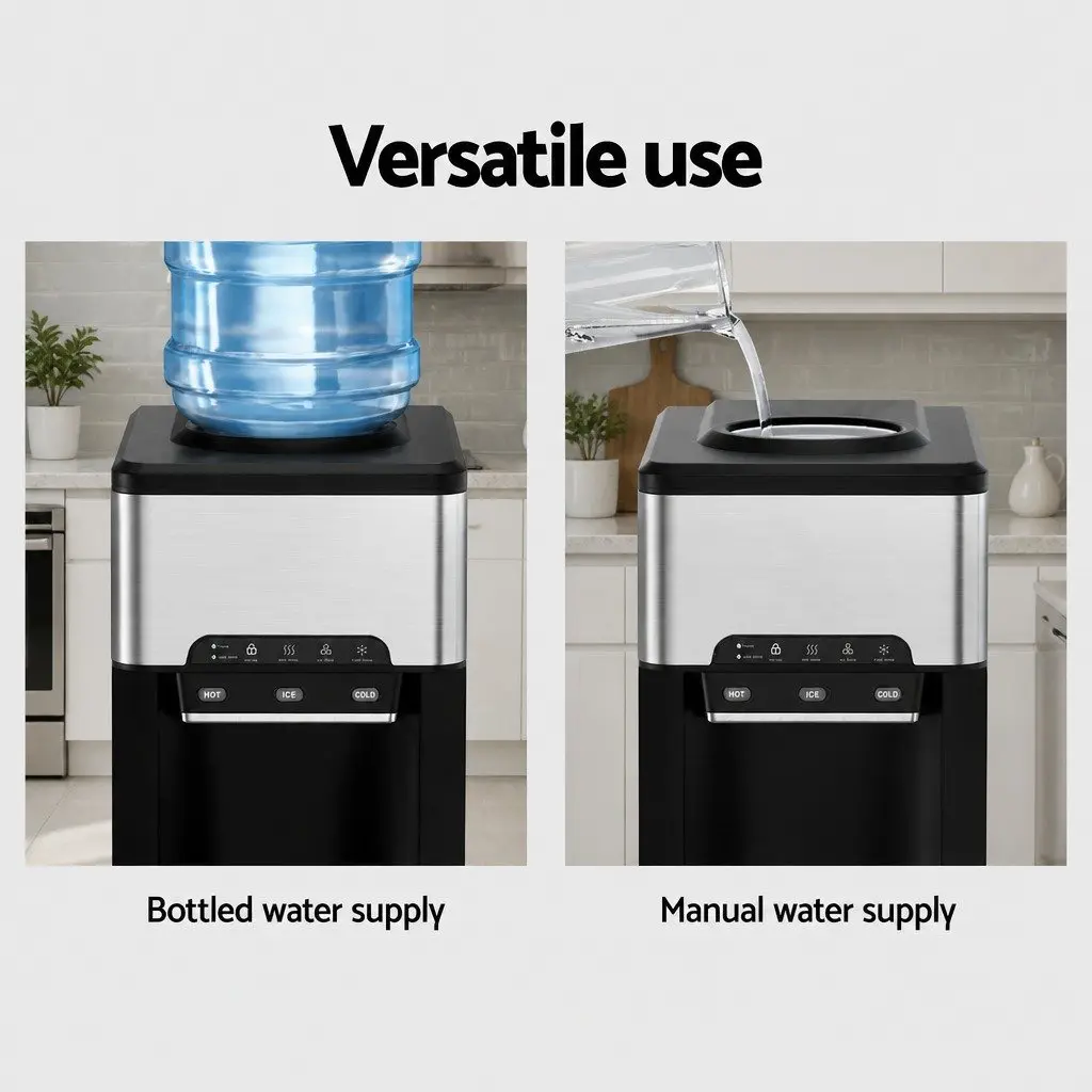 Ice Maker Machine Stainless Steel Countertop 20kg Silver Black 3-in-1 Hot Cold Water Dispenser