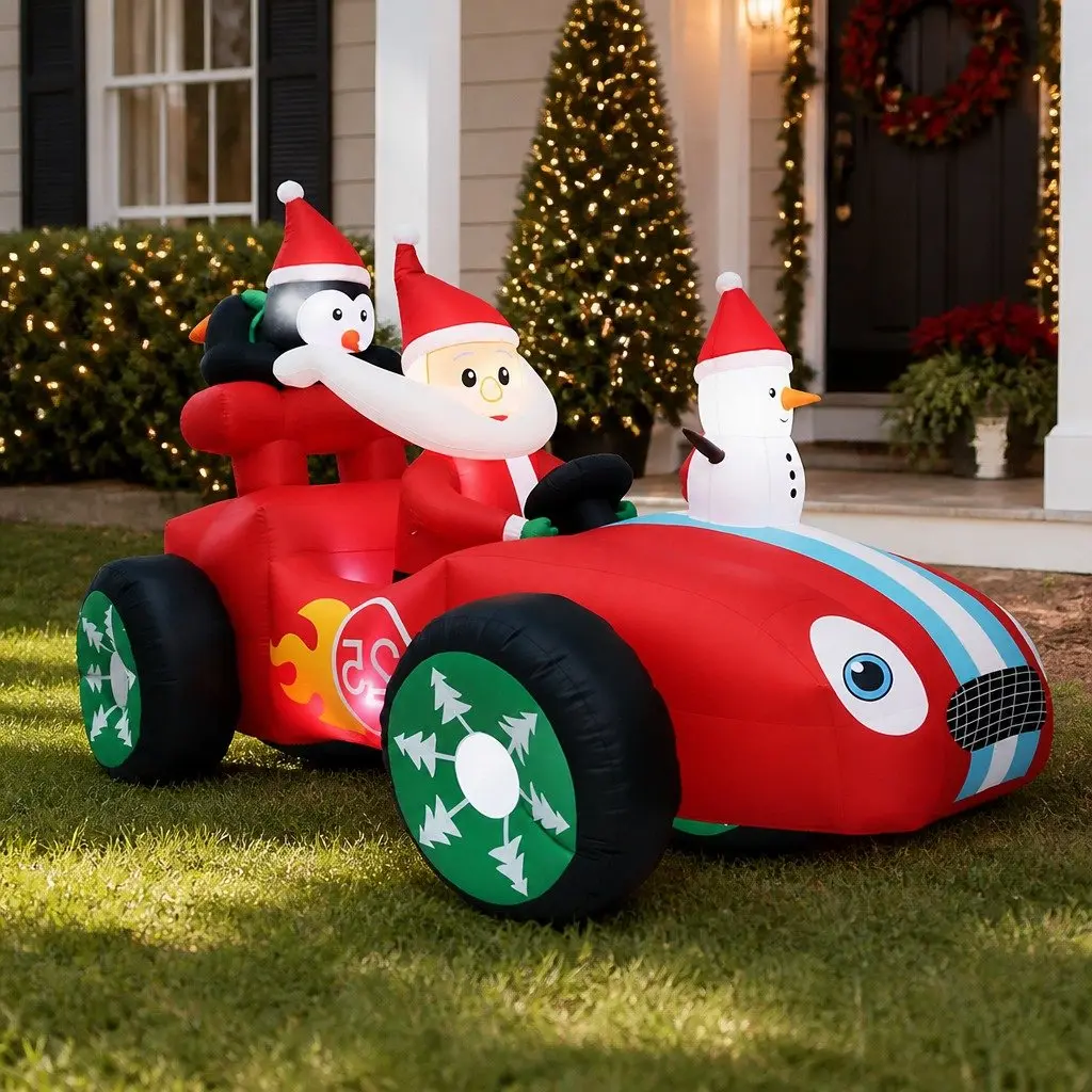 Inflatable Christmas Decoration 190T Polyester 2.4M Multi-color Santa Racing Sleigh Car