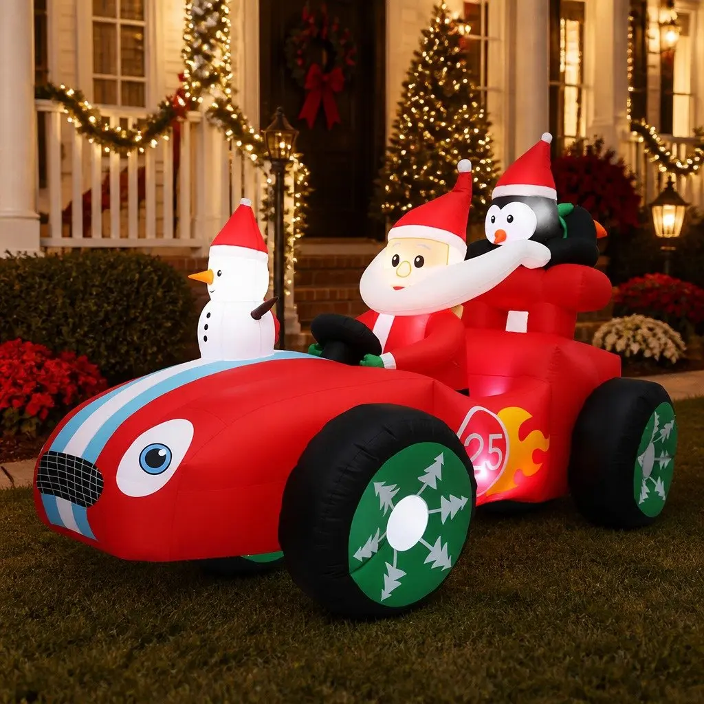 Inflatable Christmas Decoration 190T Polyester 2.4M Multi-color Santa Racing Sleigh Car
