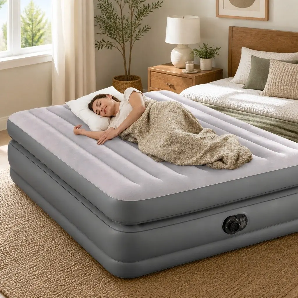 Queen Elevated Airbed Fiber-Tech Inflatable Mattress Guest Sleeping Portable