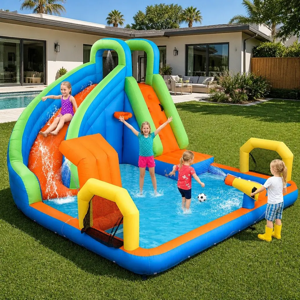 Kids Inflatable Water Park Slide PVC-coated Polyester 427x374cm Multicolor
