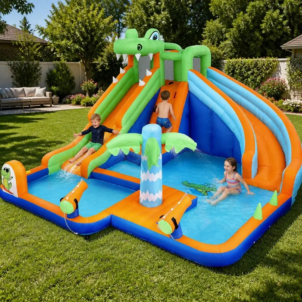 Inflatable Water Park with Double Slides for Kids