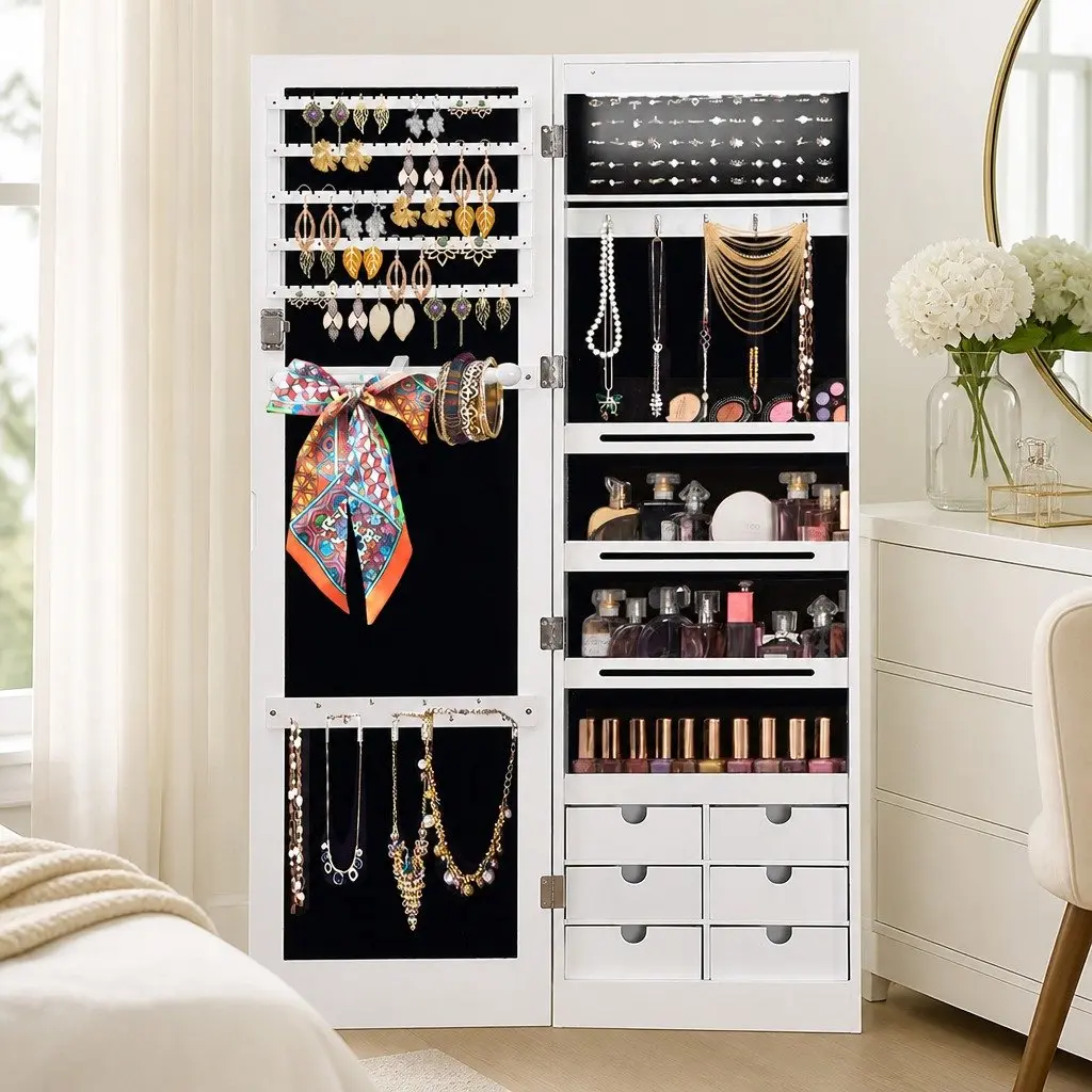 Wall Mounted Full Length Mirror Jewellery Cabinet with Storage