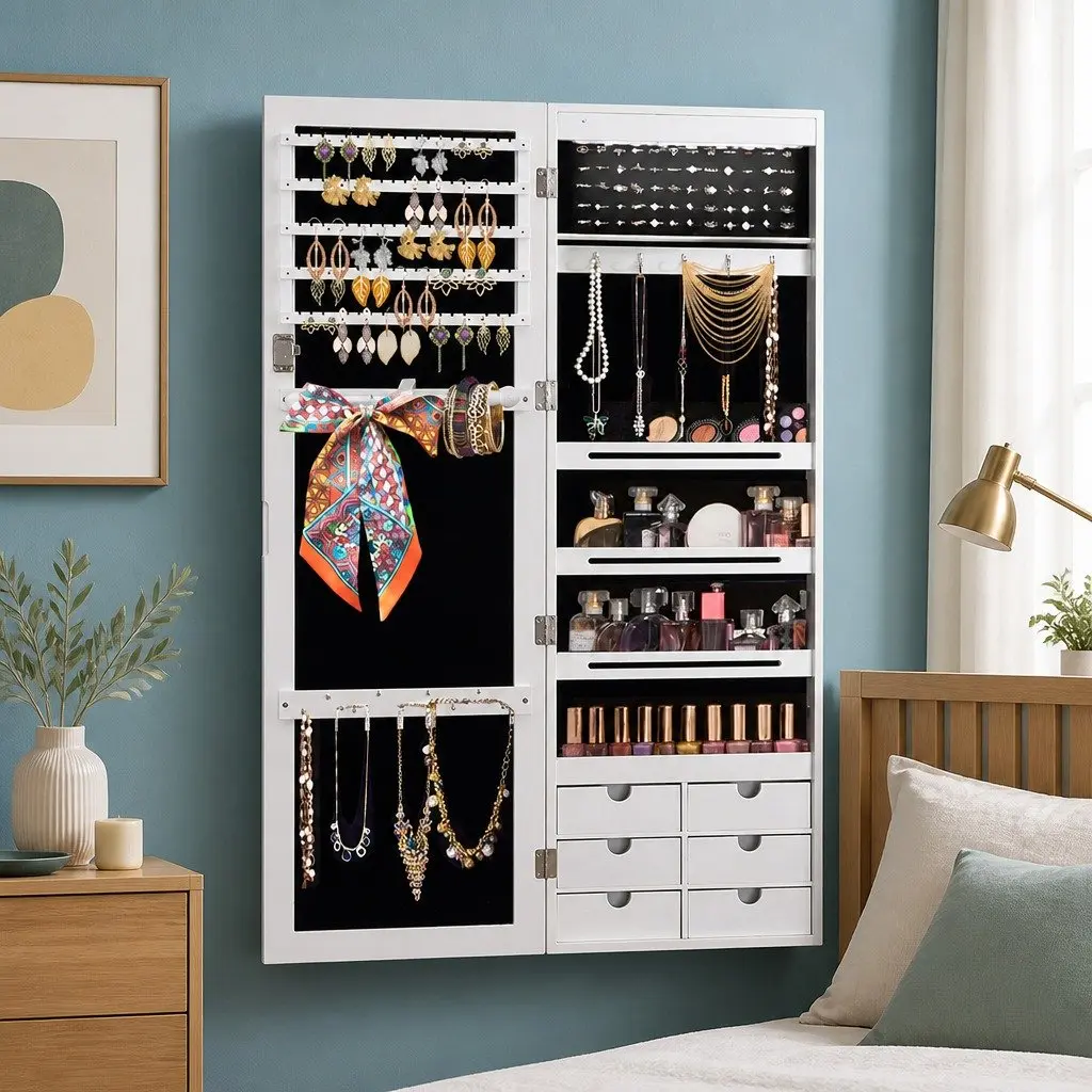 Wall Mounted Full Length Mirror Jewellery Cabinet with Storage
