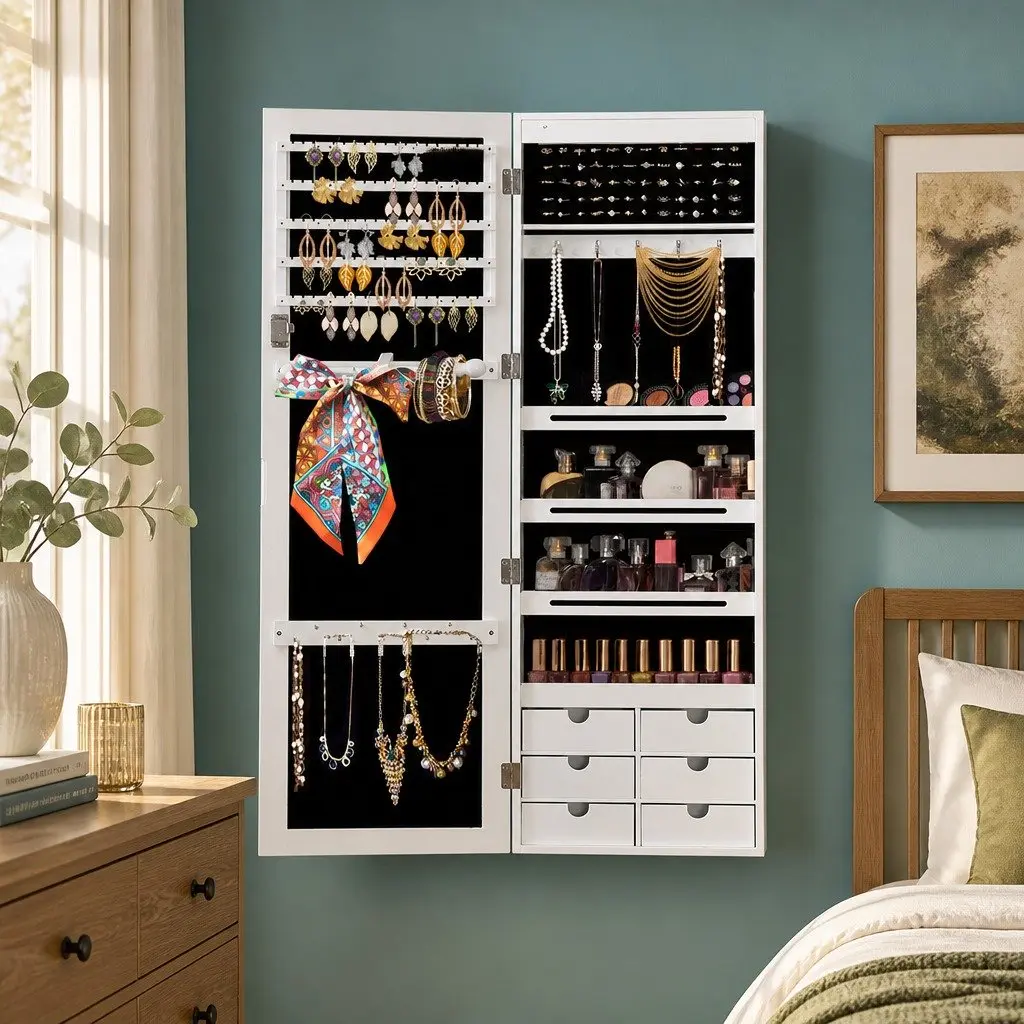 Wall Mounted Full Length Mirror Jewellery Cabinet with Storage