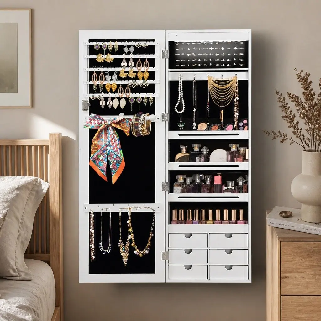 Wall Mounted Full Length Mirror Jewellery Cabinet with Storage