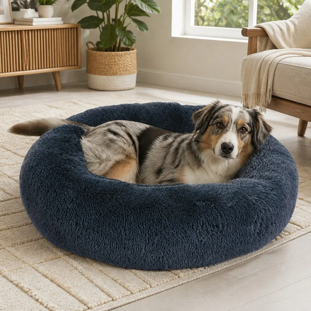 Pet Bed Donut-shaped Large Dark Grey Calming Comfort Plush Mattress Non-slip