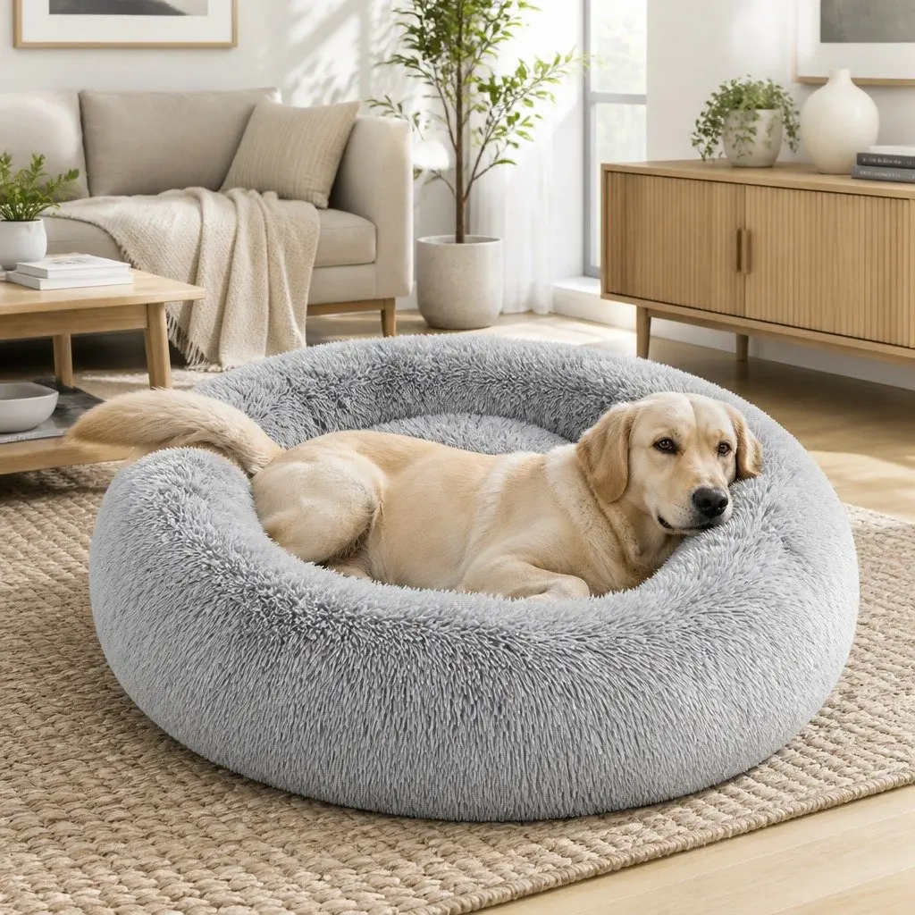 Pet Bed Dog Beds Donut Shaped Mattress Large Grey Calming Comfort Cushion