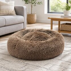 Large Brown Donut-Shaped Pet Bed with Calming Features