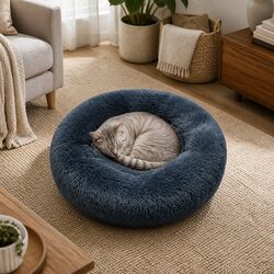 Dark Grey Plush Donut Pet Bed for Medium Dogs