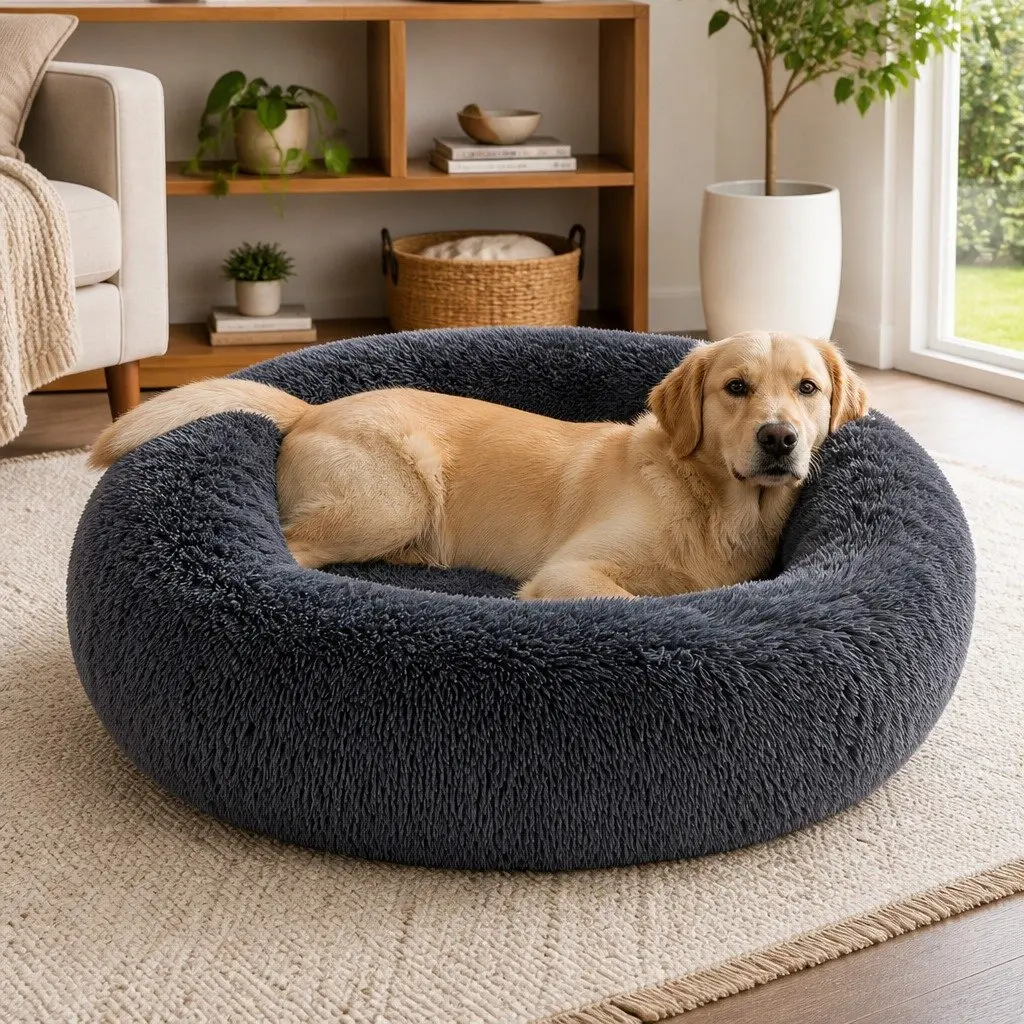 Dark Grey Plush Donut Pet Bed for Medium Dogs