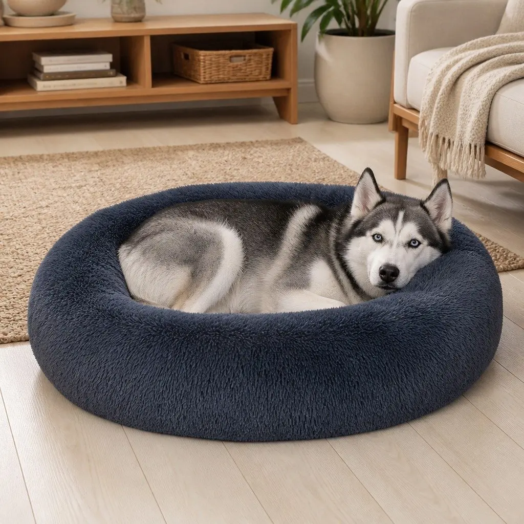 Dark Grey Plush Donut Pet Bed for Medium Dogs