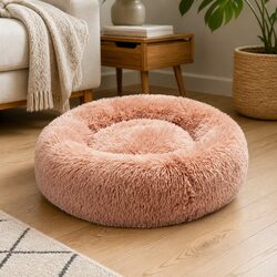 Pink Plush Donut Pet Bed with Raised Rim for Dogs and Cats
