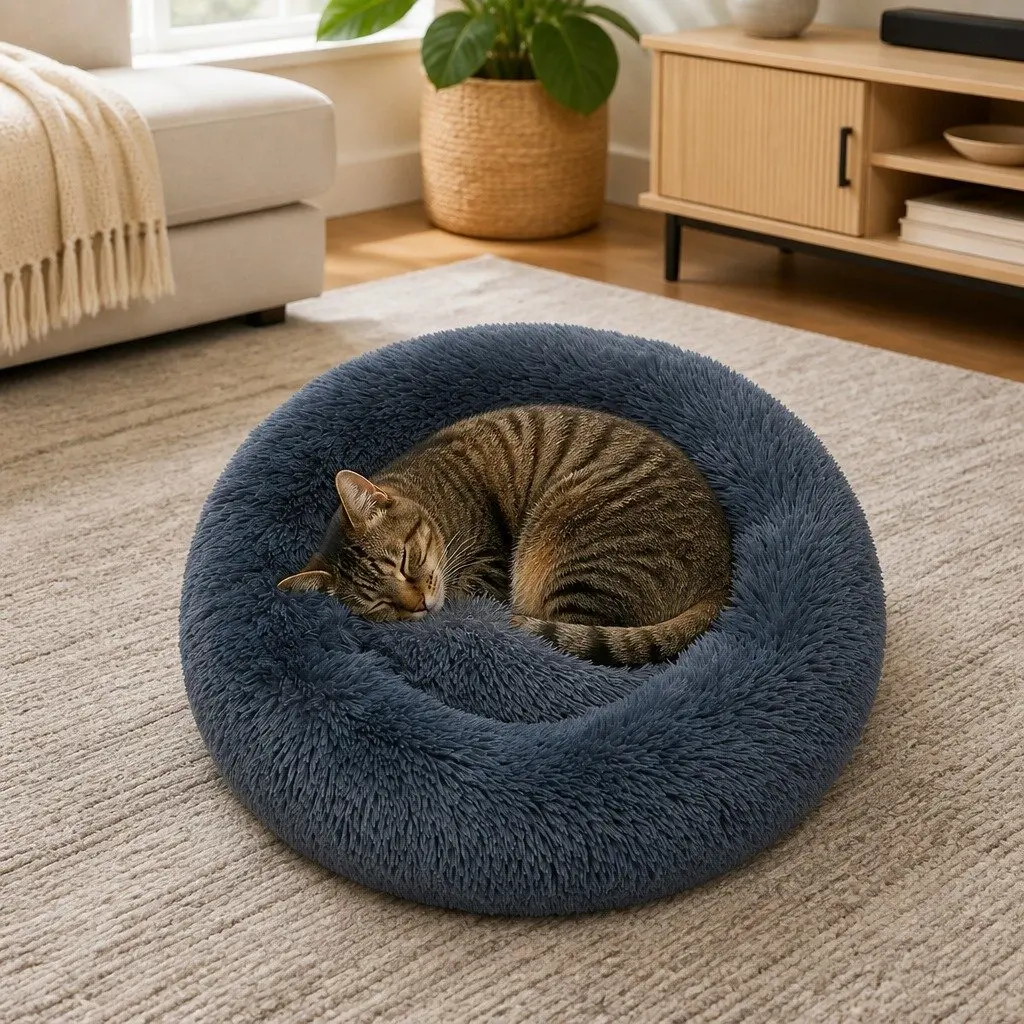 Pet Bed Polyester Small Dark Grey Donut Mattress Plush Comfort Calming Raised Rim Non-Slip