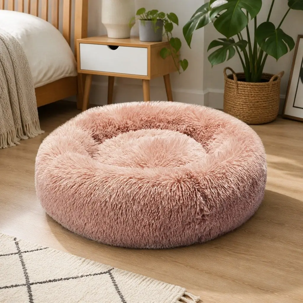 Pet Bed Cat Dog Donut Nest Calming Raised Rim Small S Pink Machine Washable