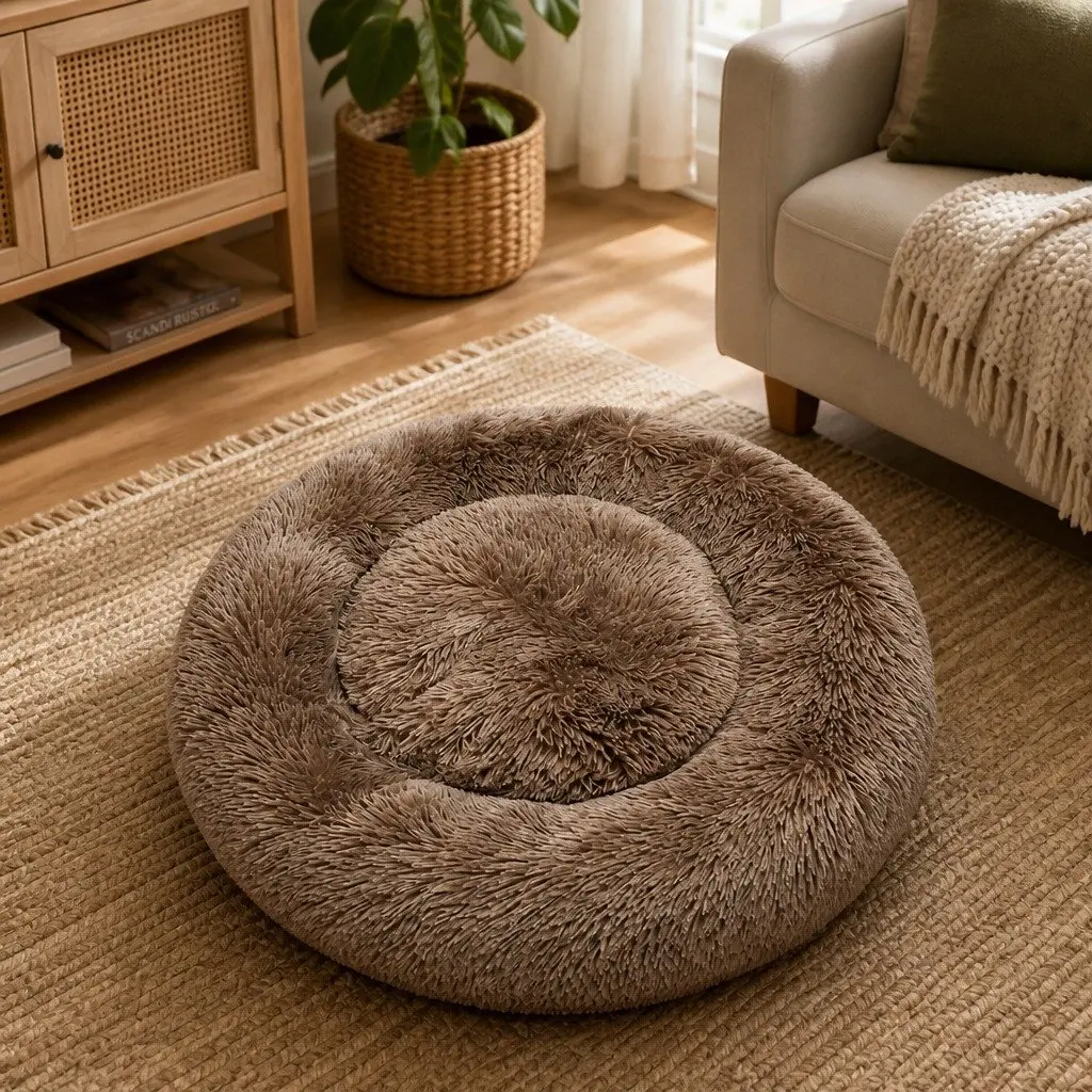 Brown Donut-Shaped Pet Bed for Small Dogs