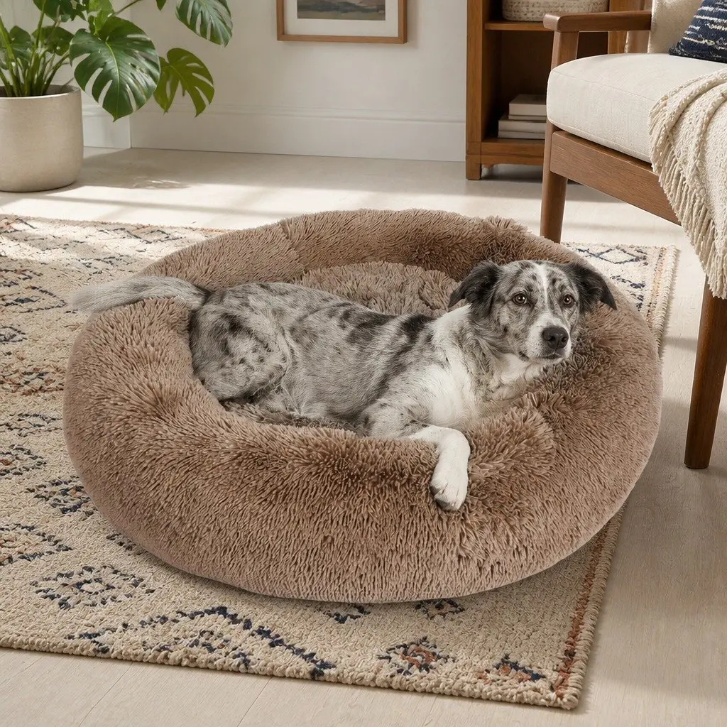 Brown Donut-Shaped Pet Bed for Small Dogs