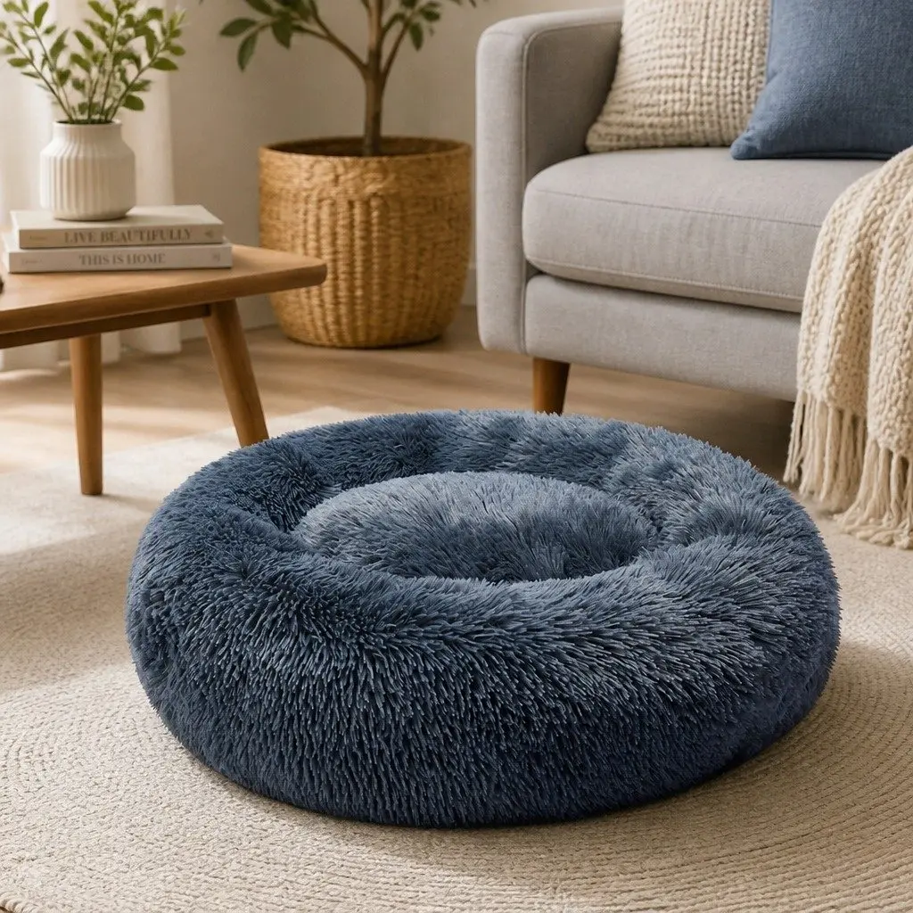 Pet Bed Polyester XL Dark Grey Donut-Shaped Mattress Raised Rim Non-Slip Bottom