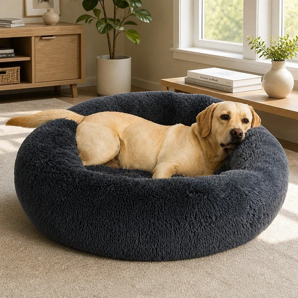Pet Bed Polyester XL Dark Grey Donut-Shaped Mattress Raised Rim Non-Slip Bottom